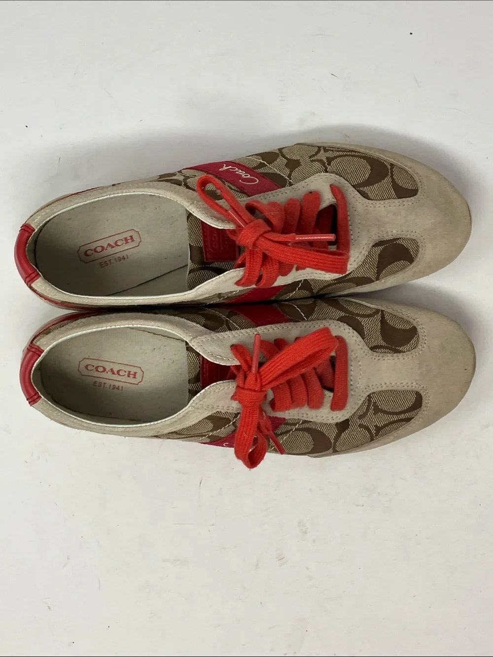 Coach Baylee Signature C Canvas Suede Sneakers Red Tan Sz 7.5 A1474
